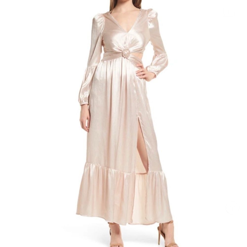 Rahi Leila Luster Long Sleeve Midi Dress in Champagne XL MSRP $186